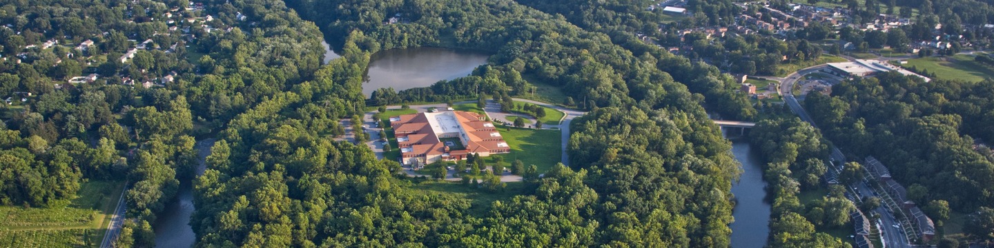 Aerial image of the Sunnyside Peninsula in Lancaster City. Showing the Conestoga River and forest.