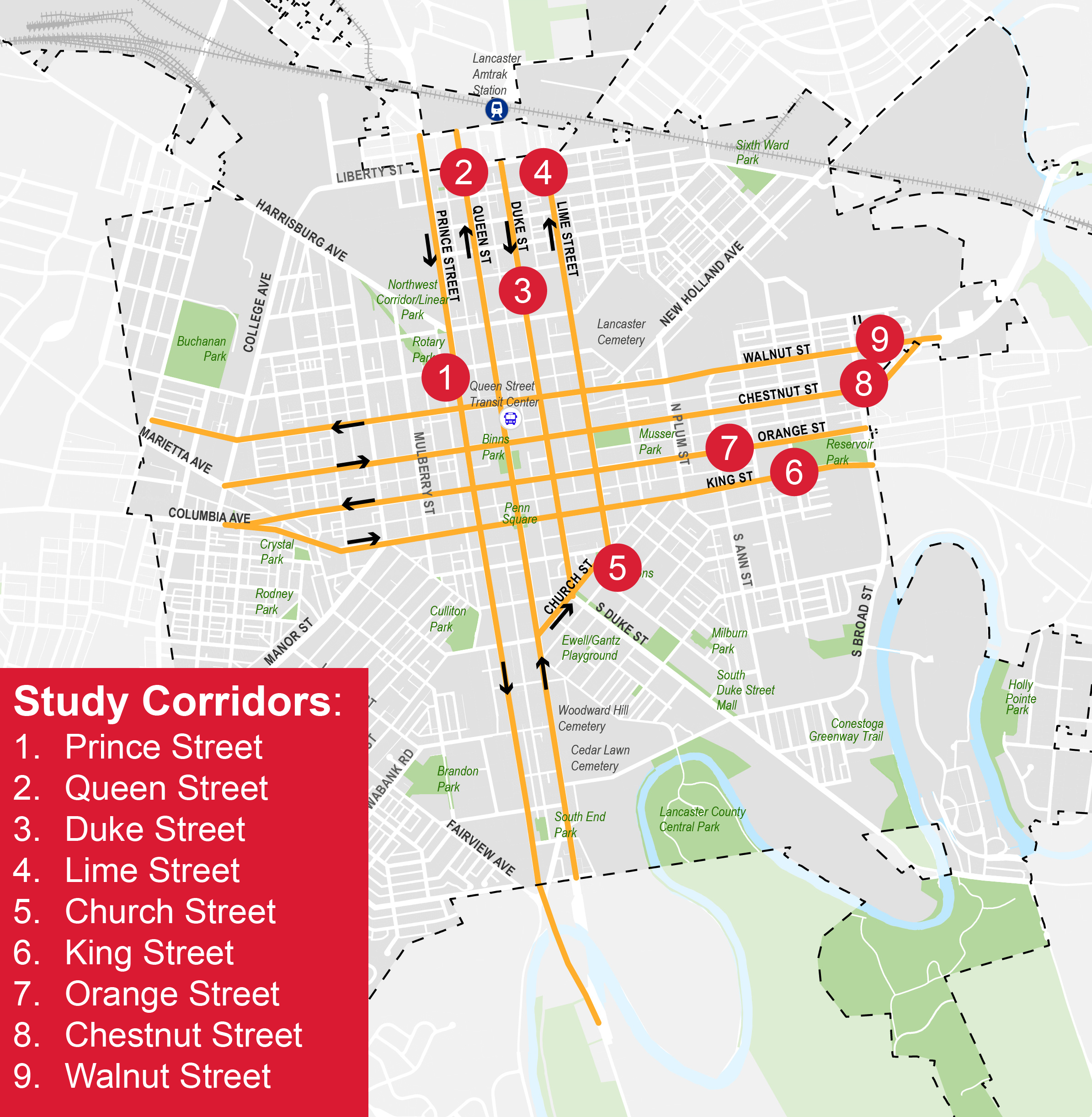 The following streets are being studied for possible restoration to two-way operations: